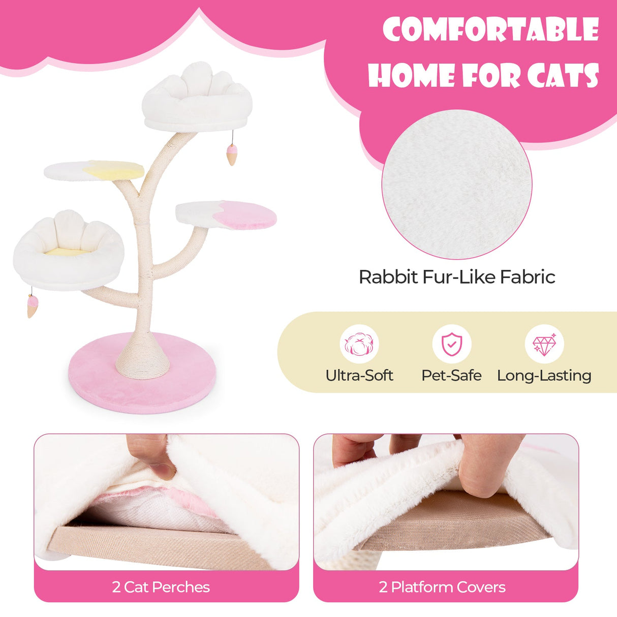 Árbol para Gatos de Múltiples Niveles Torre para Gatos con 2 Perchas para Gatos 2 Plataformas-Rosa