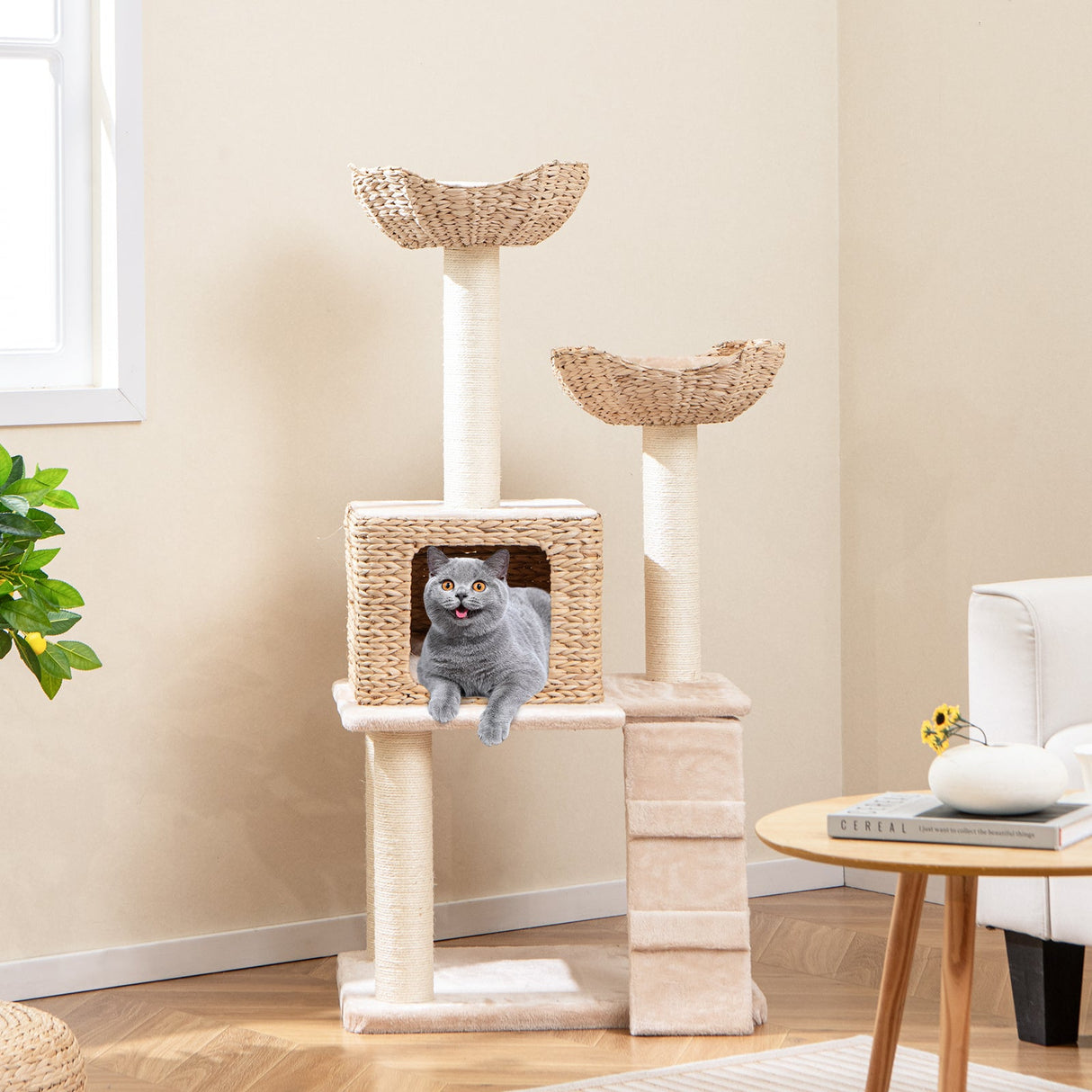 Rascador para gatos con diseño de espadaña de 48 pulgadas con postes rascadores de sisal, percha y condominio - Beige