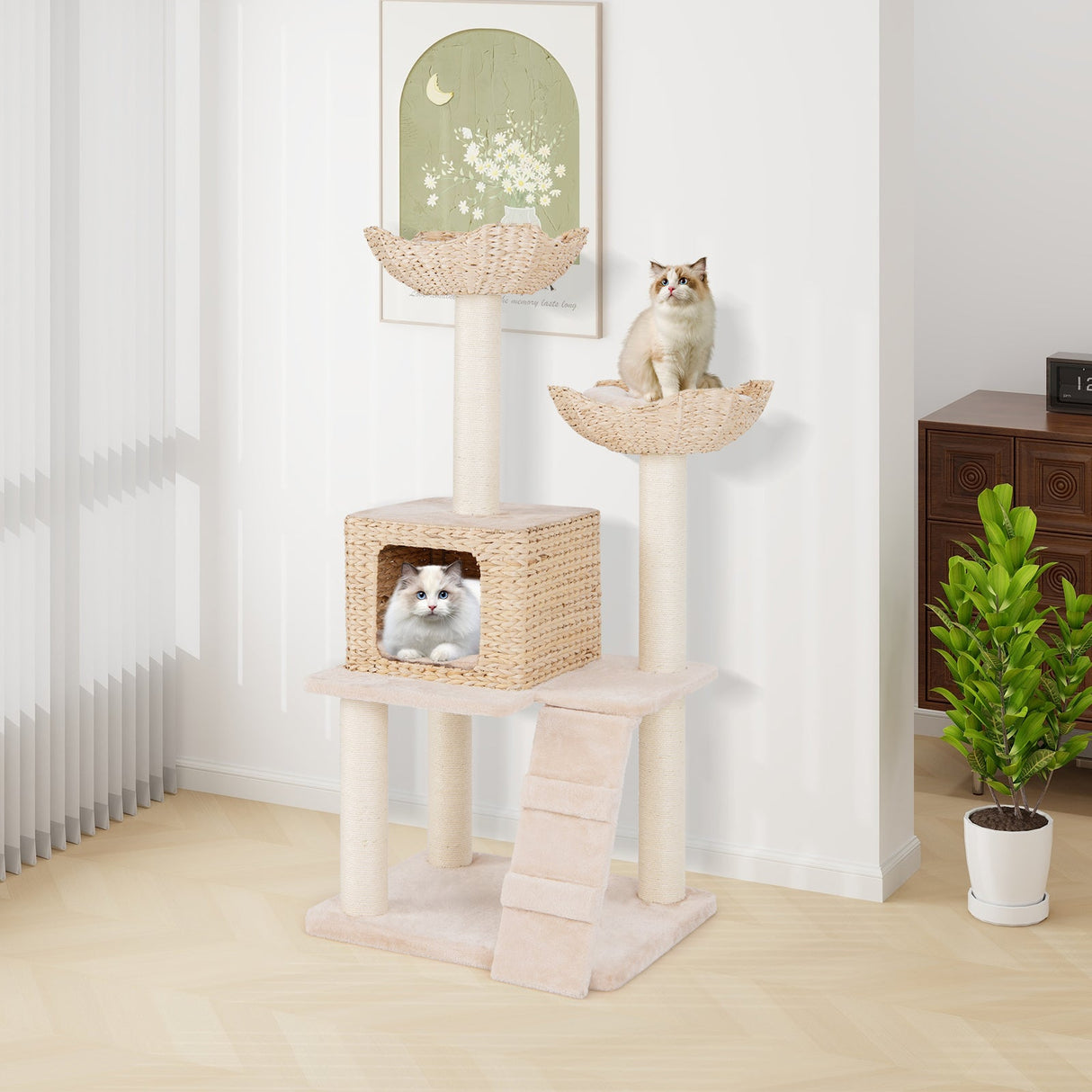 Rascador para gatos con diseño de espadaña de 48 pulgadas con postes rascadores de sisal, percha y condominio - Beige
