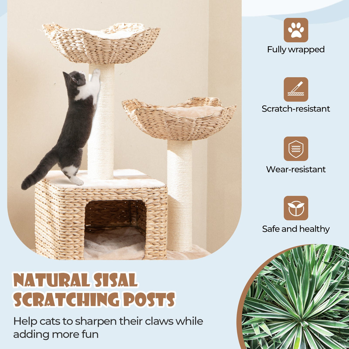 Rascador para gatos con diseño de espadaña de 48 pulgadas con postes rascadores de sisal, percha y condominio - Beige