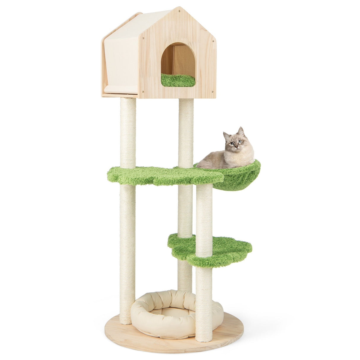 Poste rascador para gatos de 55 pulgadas de alto con postes rascadores de sisal y cama suave para gatitos de interior - Verde