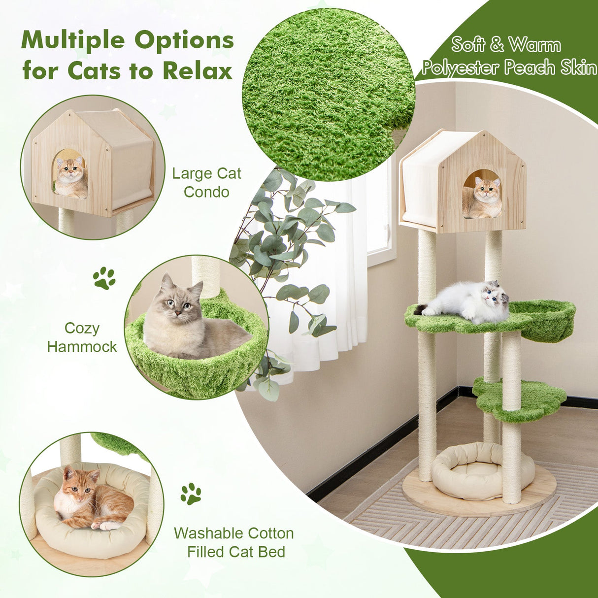 Poste rascador para gatos de 55 pulgadas de alto con postes rascadores de sisal y cama suave para gatitos de interior - Verde