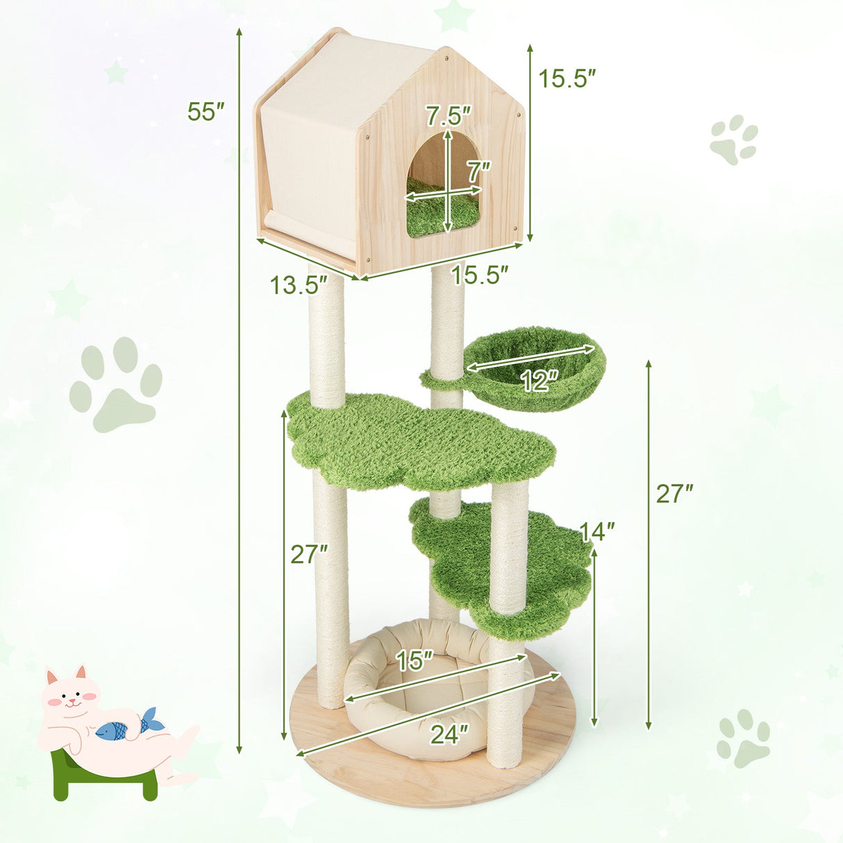 Poste rascador para gatos de 55 pulgadas de alto con postes rascadores de sisal y cama suave para gatitos de interior - Verde