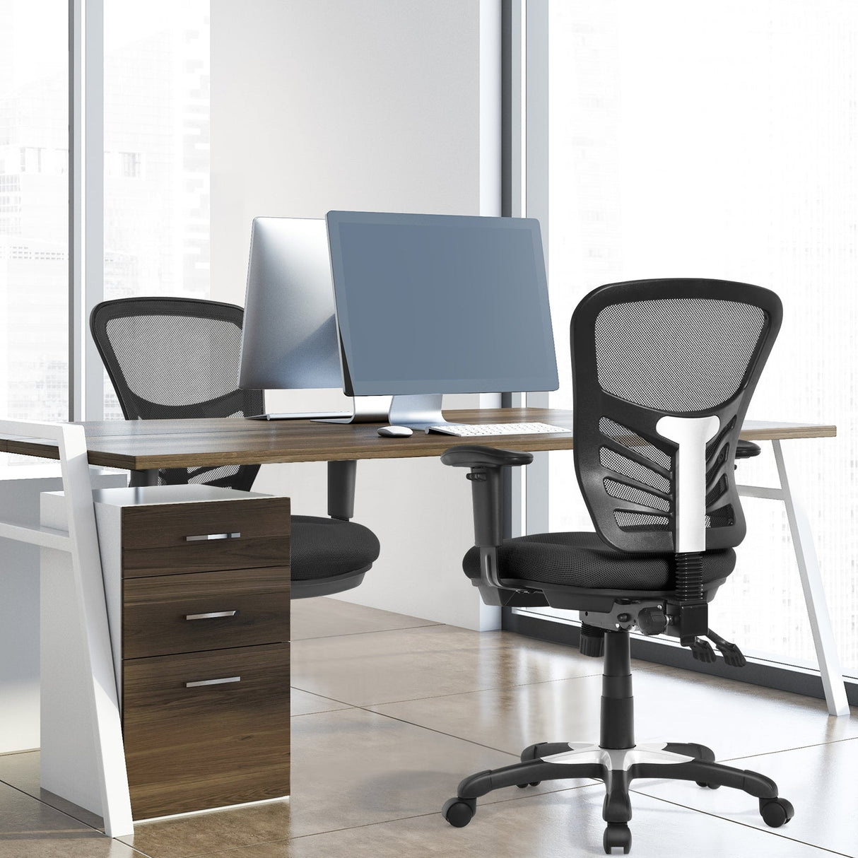 Silla de oficina ergonómica de malla con altura de respaldo y reposabrazos ajustables