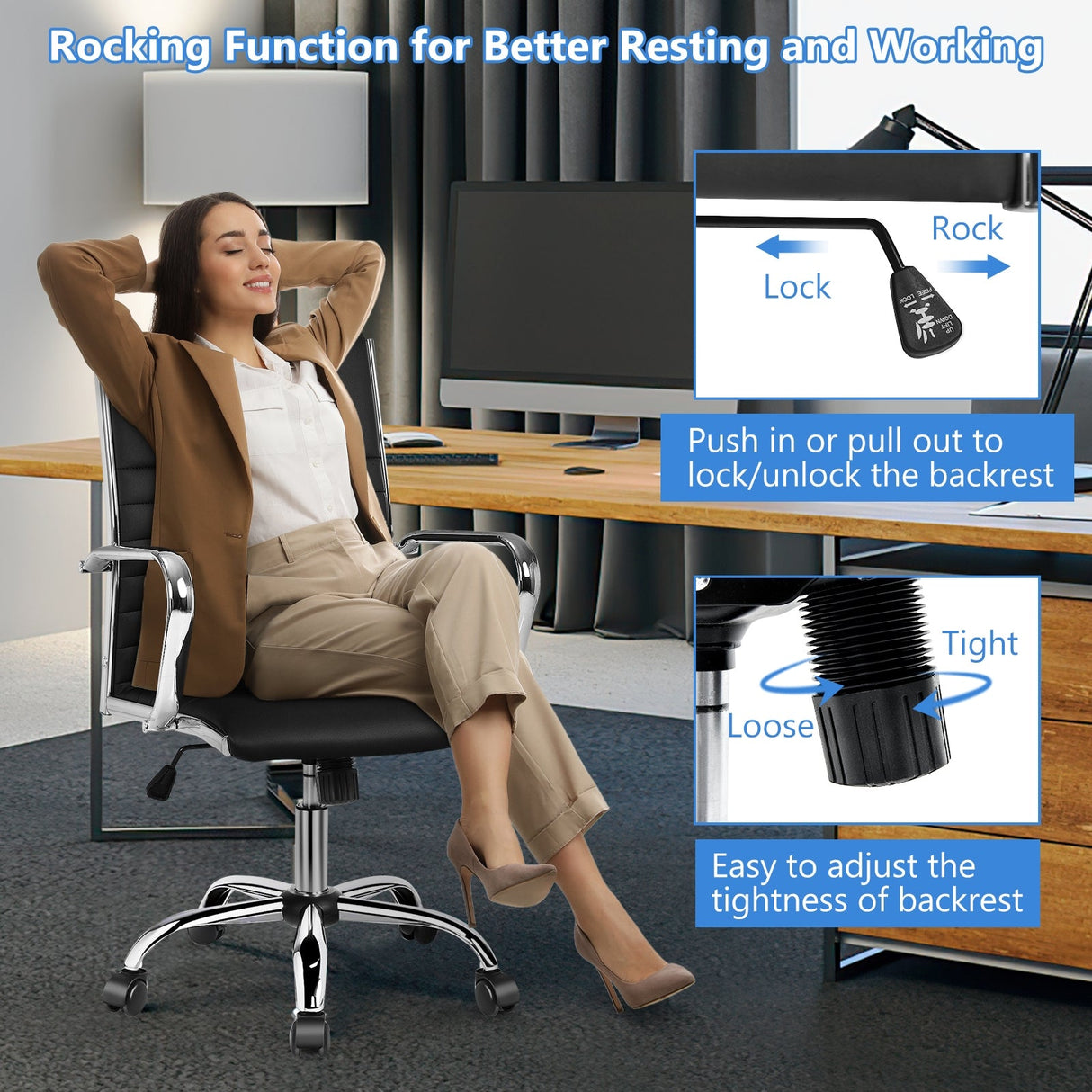 Silla de oficina alta estriada con reposabrazos