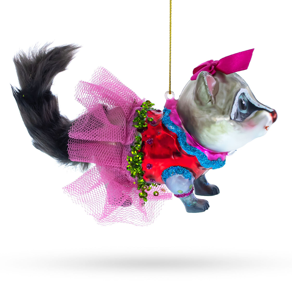Raccoon in Dress Glass Christmas Ornament