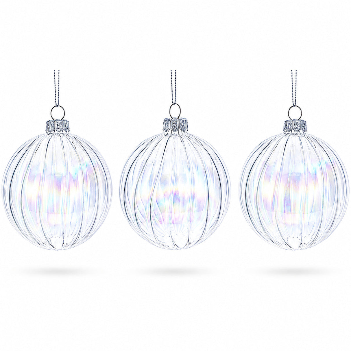 Set of 3 Iridescent Clear Glass Ball Christmas Ornaments 3.6 Inches