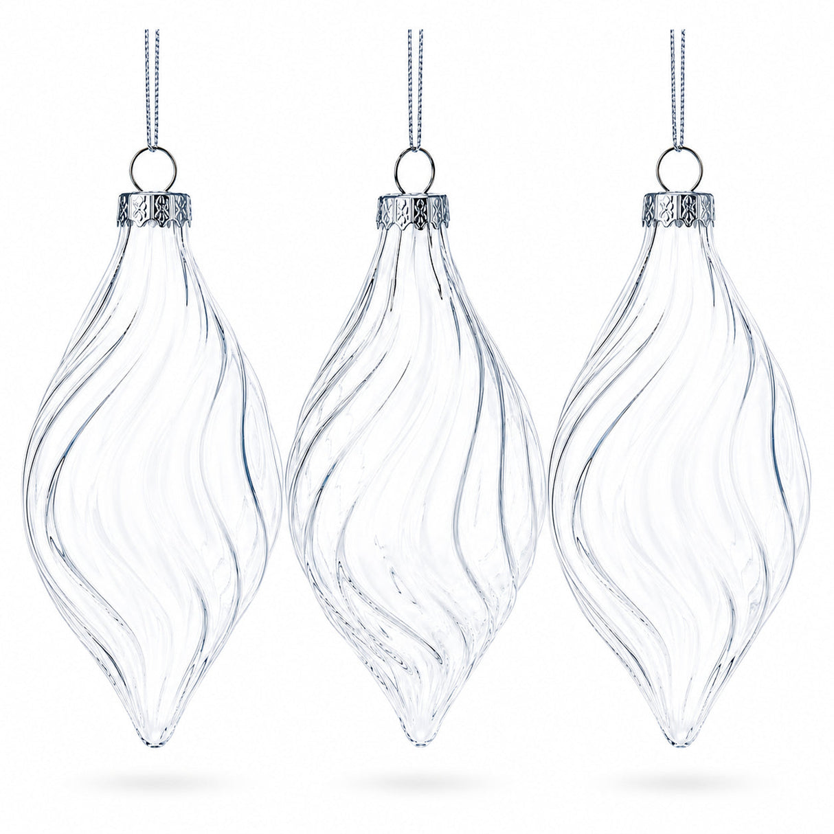 Set of 3 Clear Glass Swirl Christmas Ornaments 5.8 Inches