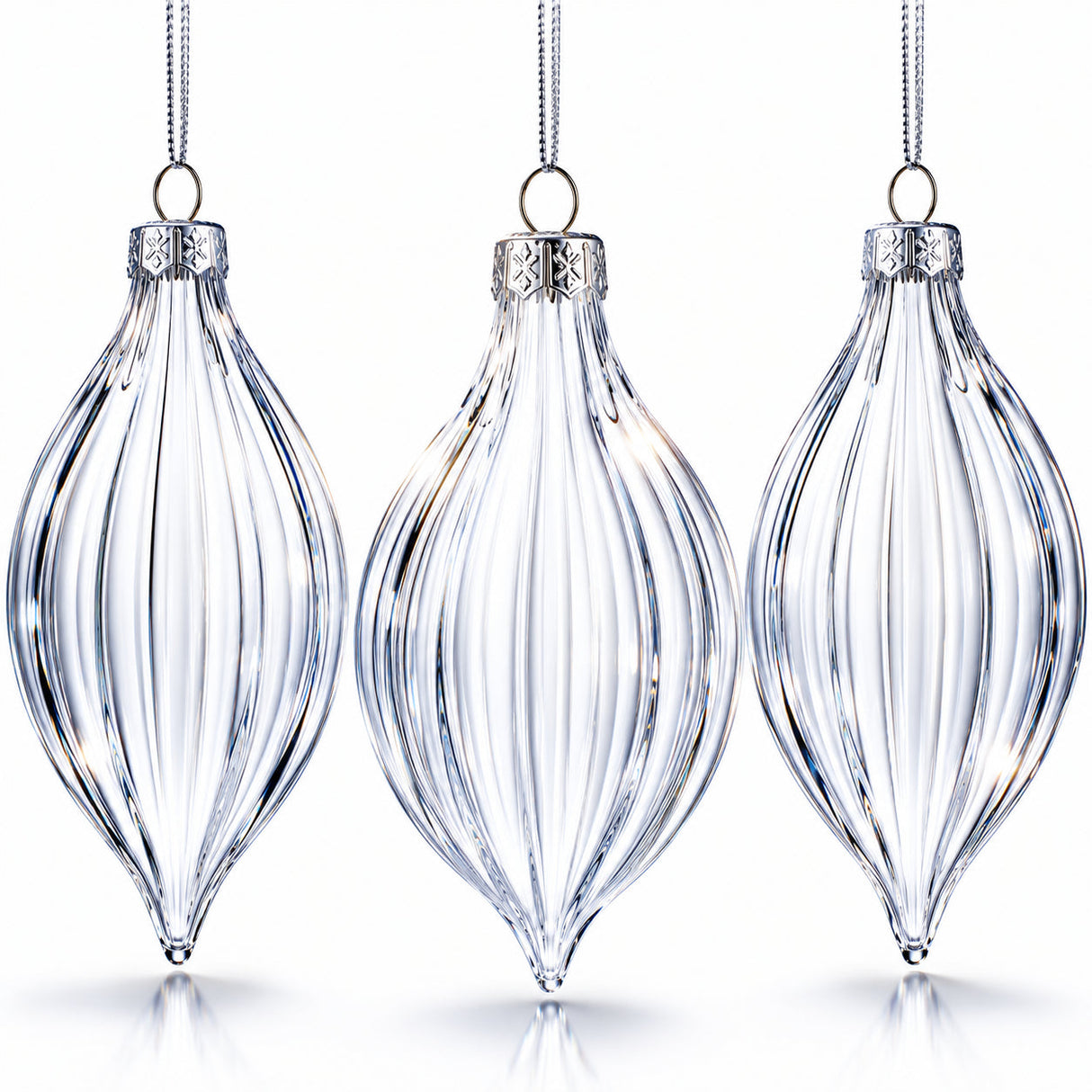 Set of 3 Striped Rhombus Finial Clear Glass Ornament 5.8 Inches