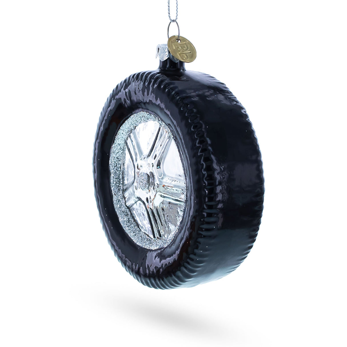 Sleek Black Car Wheel Glass Christmas Ornament