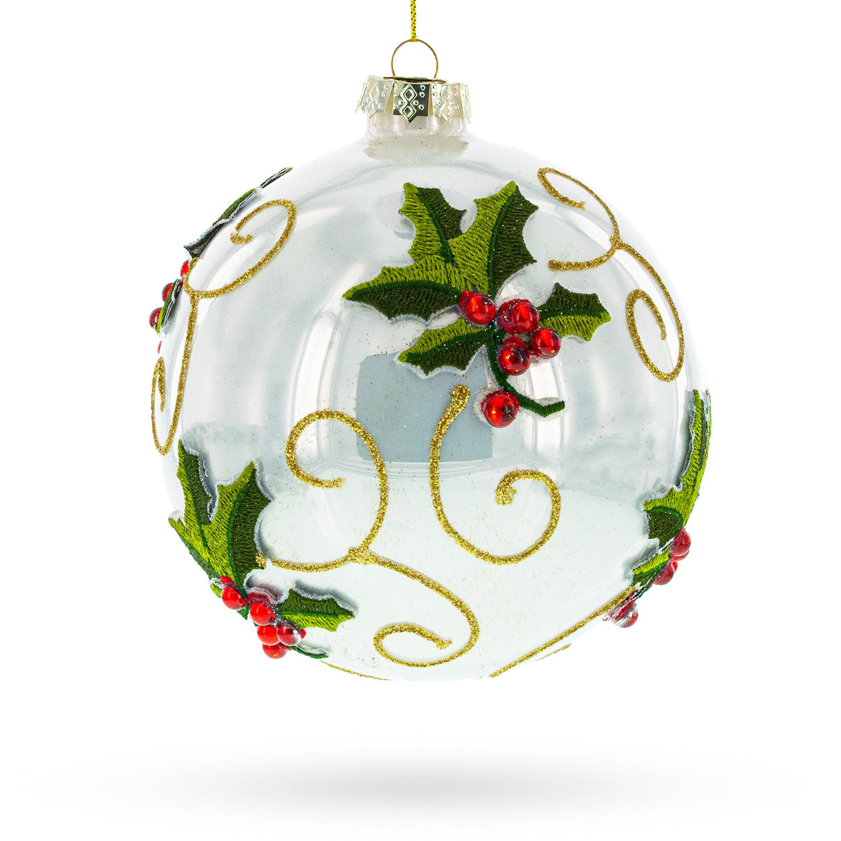 Embroidery Style Poinsettia Glass Ball Christmas Ornament