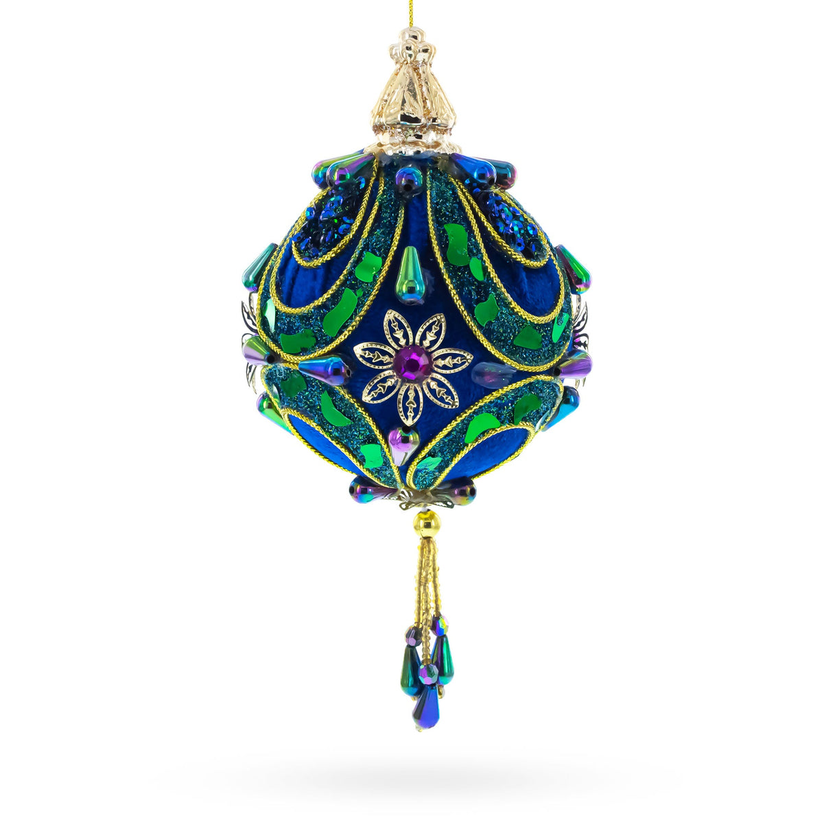 Royal Blue Jeweled Gold Filigree Accents and Tassels Christmas Ornament