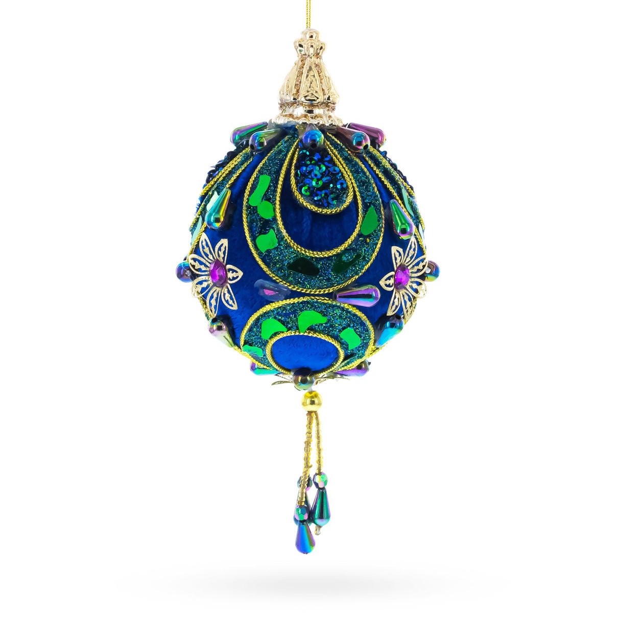 Royal Blue Jeweled Gold Filigree Accents and Tassels Christmas Ornament