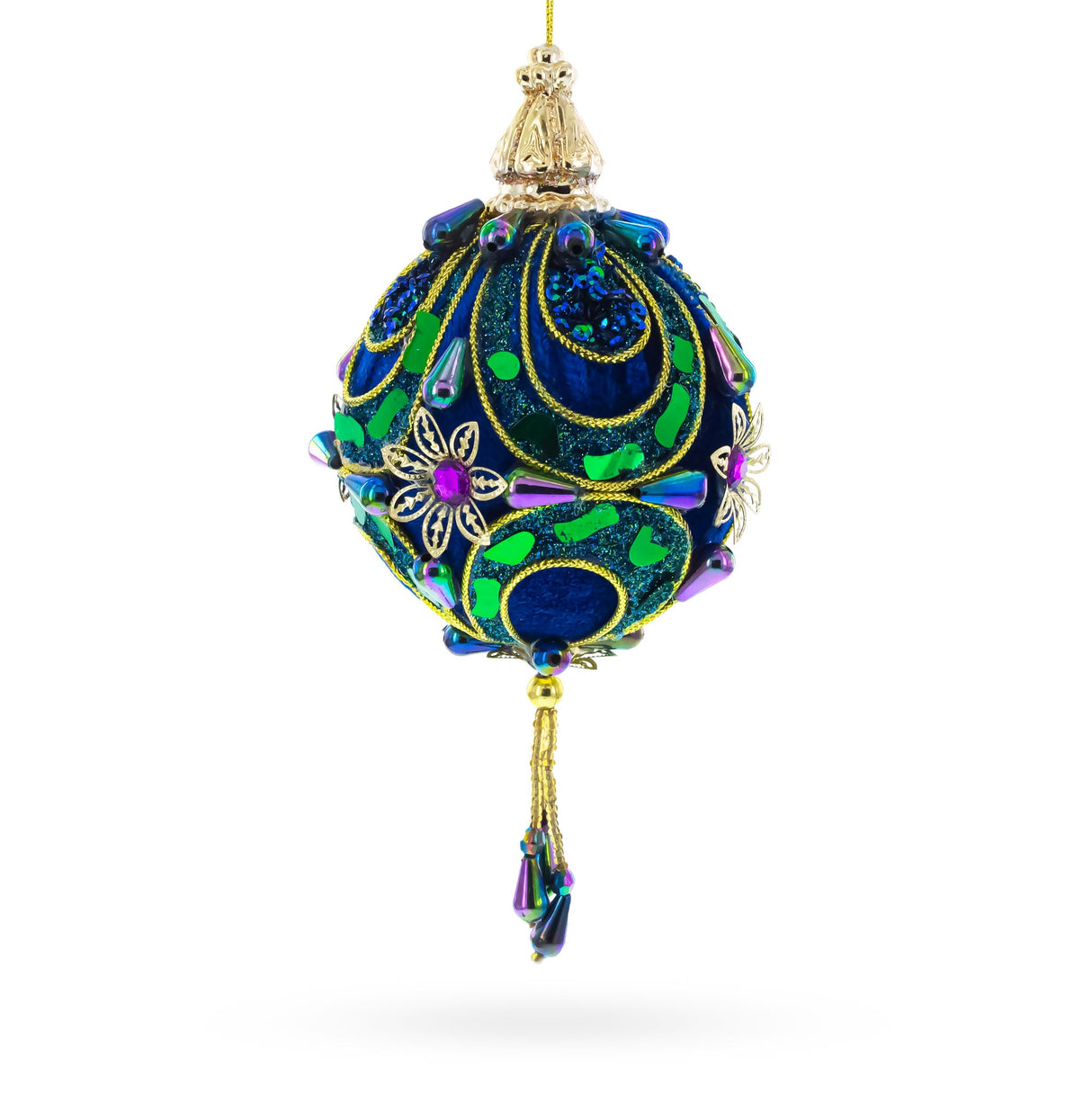 Royal Blue Jeweled Gold Filigree Accents and Tassels Christmas Ornament