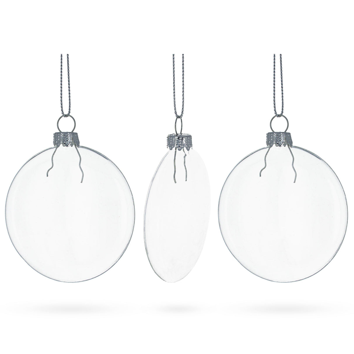 Set of 3 Flat Disc Clear Glass Christmas Ornaments 3.7 Inches