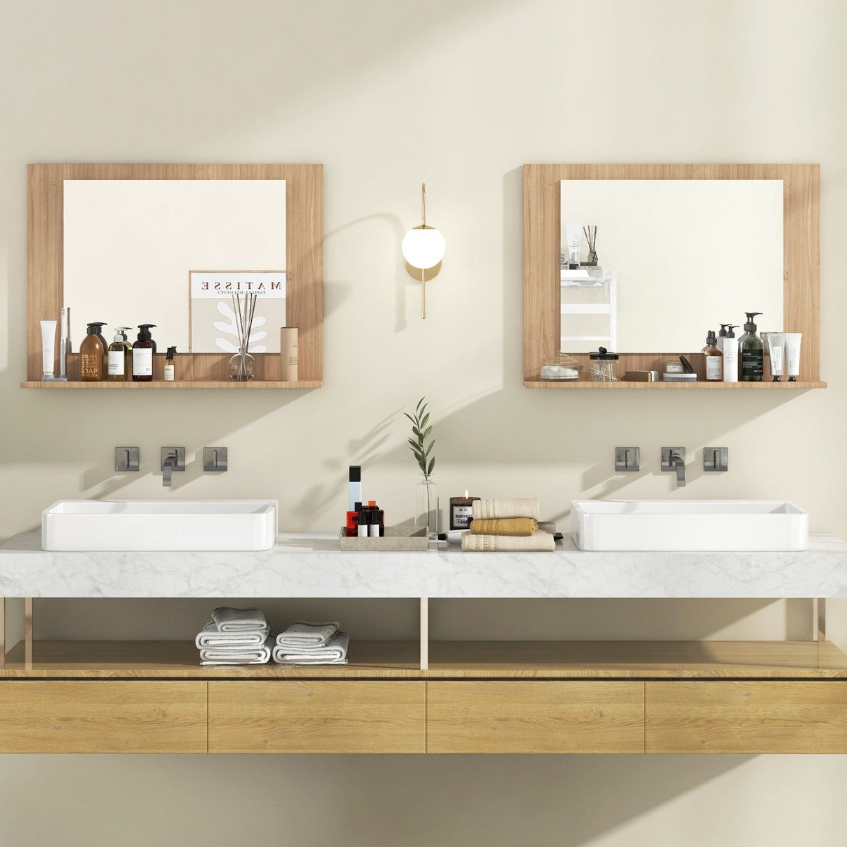 Espejo de baño rectangular con estante de 23.5 x 17.5 pulgadas y marco de madera