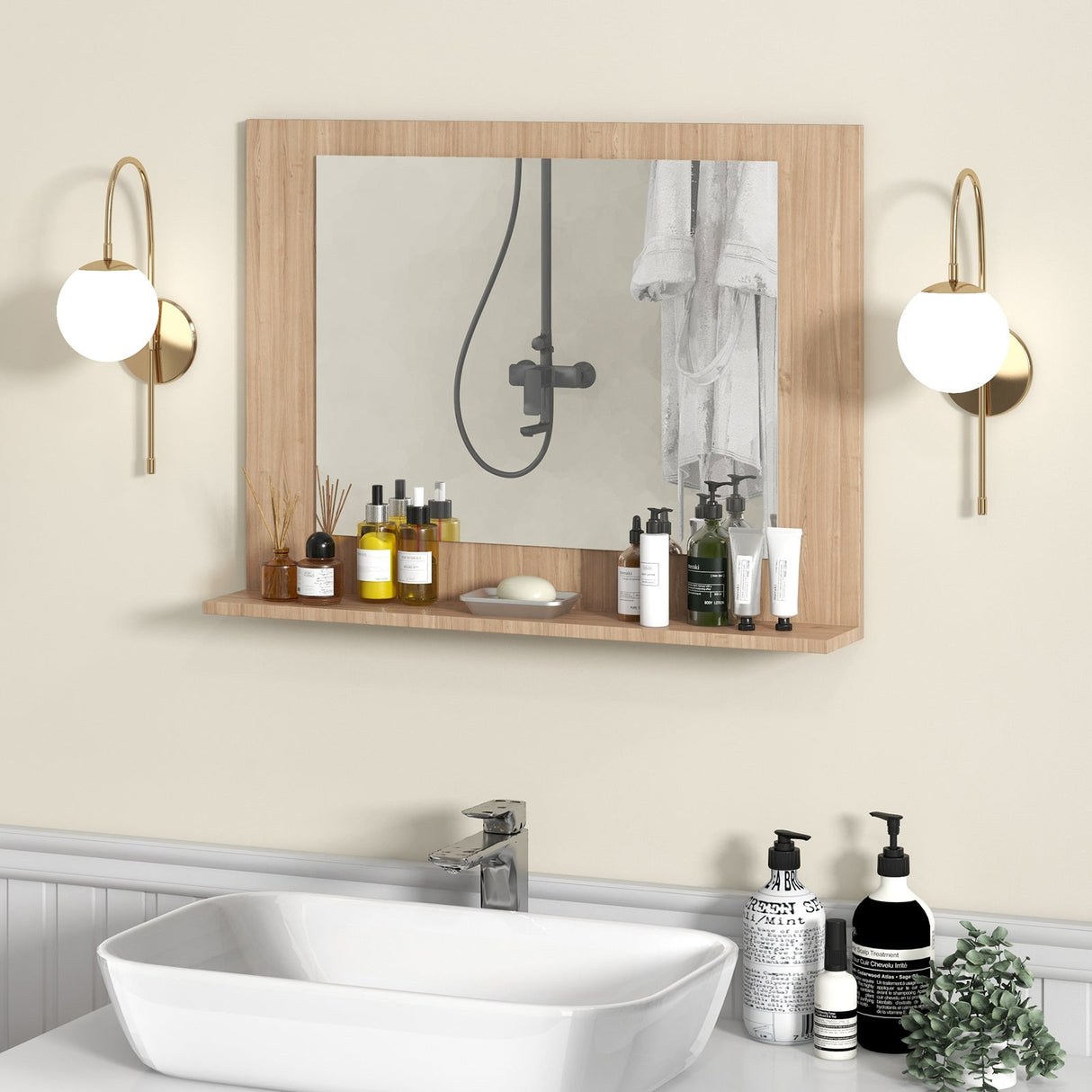 Espejo de baño rectangular con estante de 23.5 x 17.5 pulgadas y marco de madera