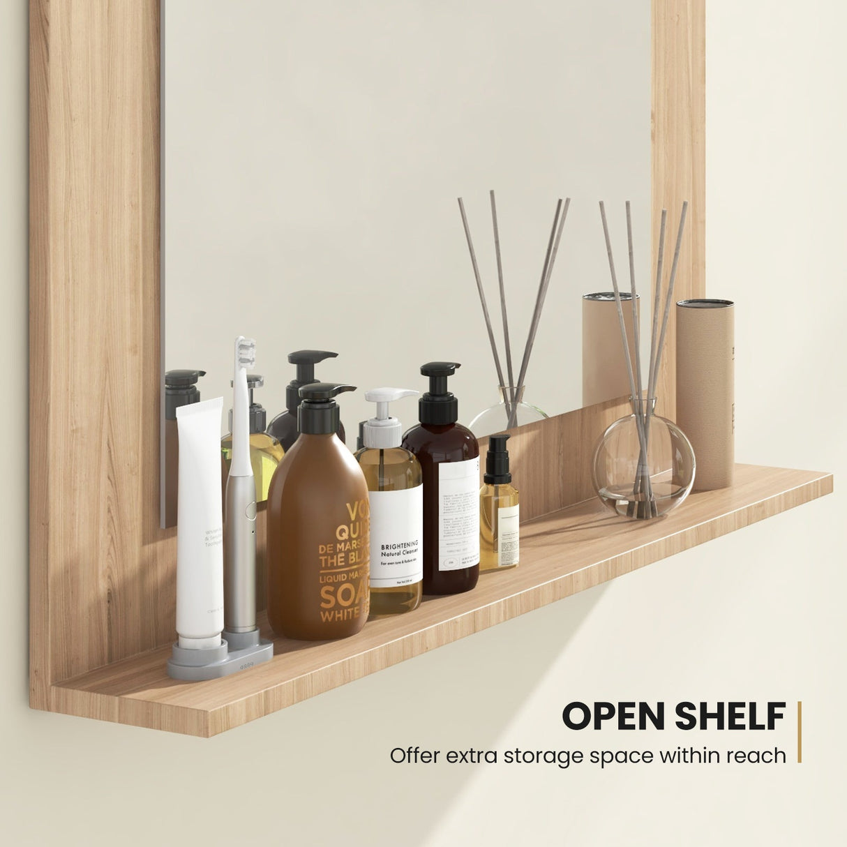 Espejo de baño rectangular con estante de 23.5 x 17.5 pulgadas y marco de madera