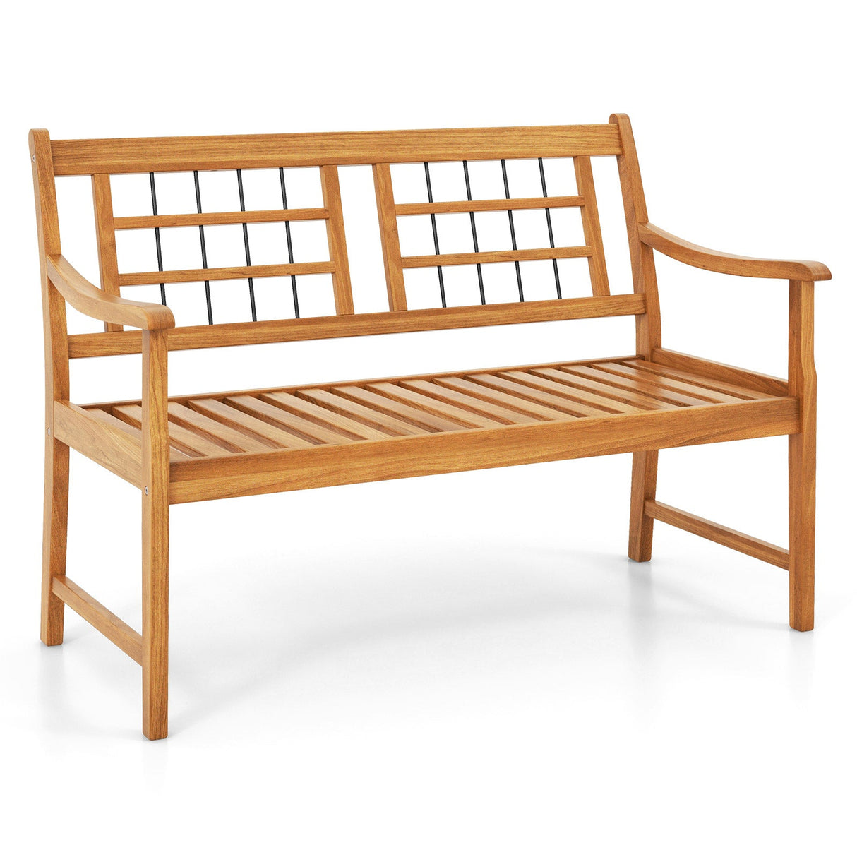 Banco de madera de acacia para patio con reposabrazos curvos, asiento y respaldo de listones