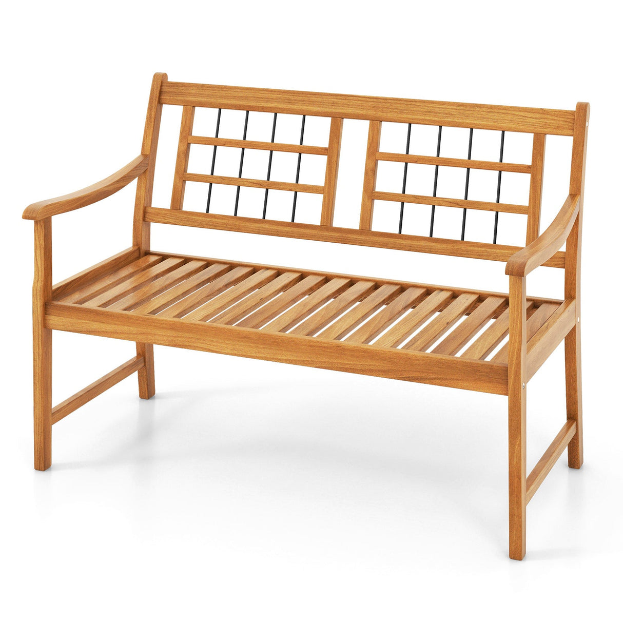 Banco de madera de acacia para patio con reposabrazos curvos, asiento y respaldo de listones