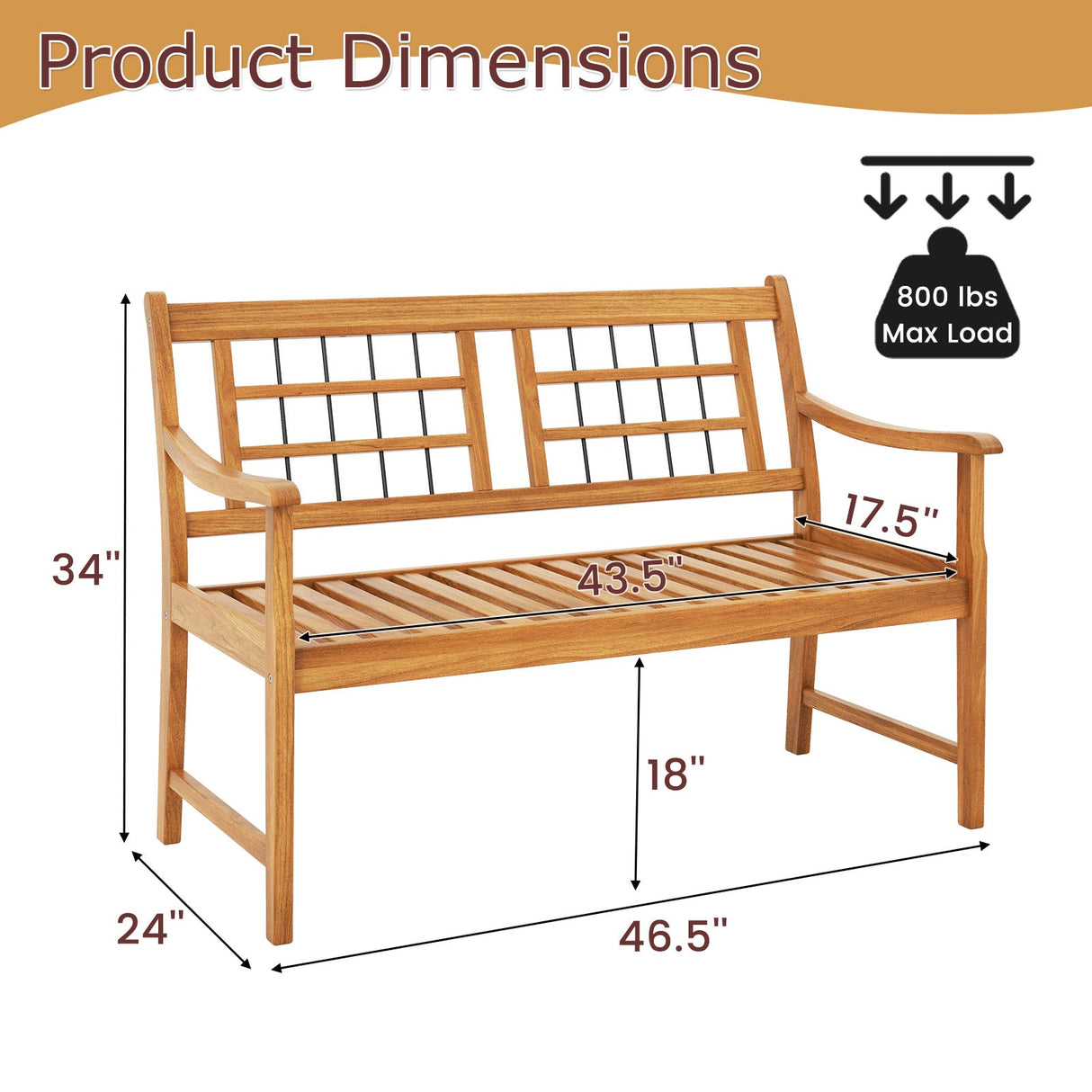 Banco de madera de acacia para patio con reposabrazos curvos, asiento y respaldo de listones