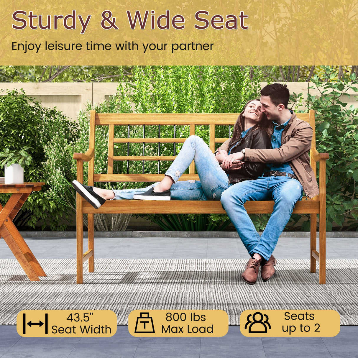 Banco de madera de acacia para patio con reposabrazos curvos, asiento y respaldo de listones