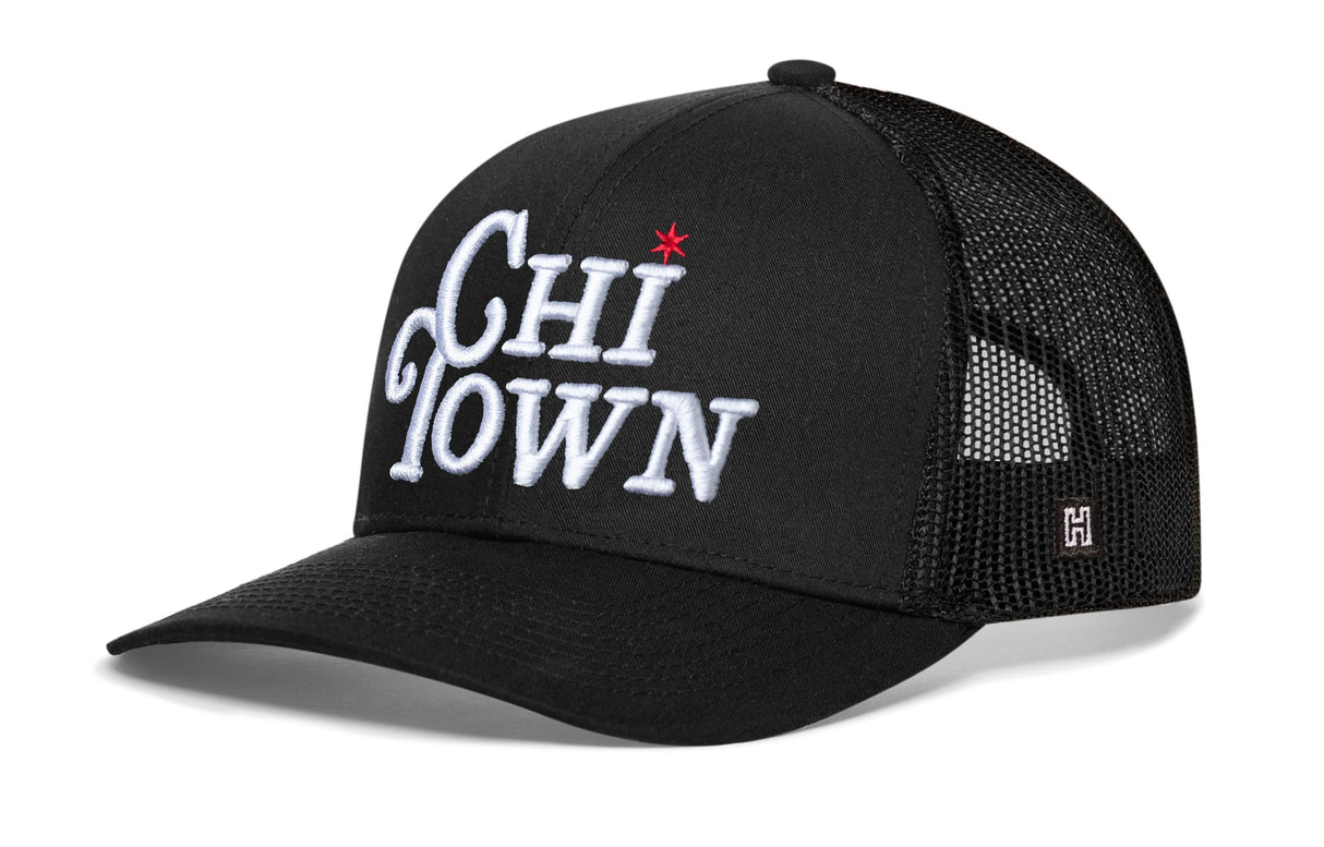 Chi Town White Script Trucker Hat | Illinois Snapback