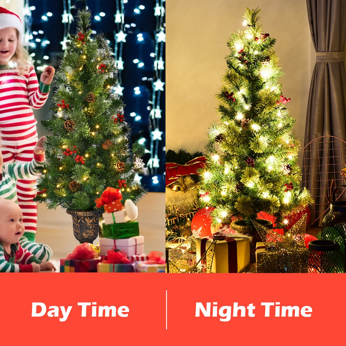 Árbol de Navidad LED con bayas rojas y piñas
