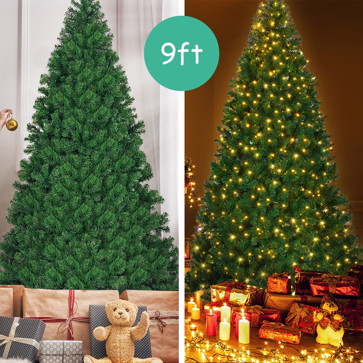 Árbol de Navidad artificial de PVC preiluminado de 9 pies con 700 luces LED
