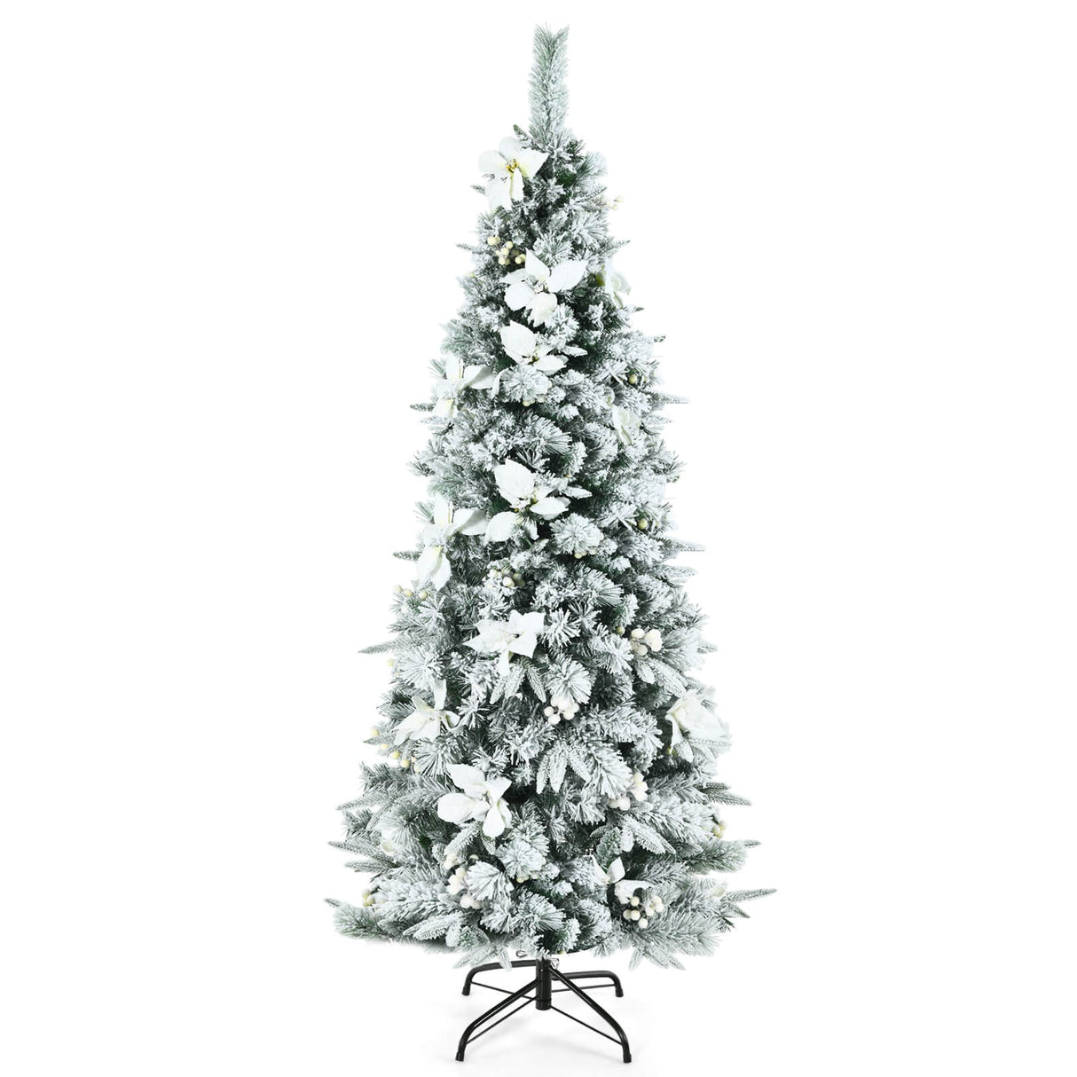 Snow Flocked Christmas Pencil Tree with Berries and Poinsettia Flowers