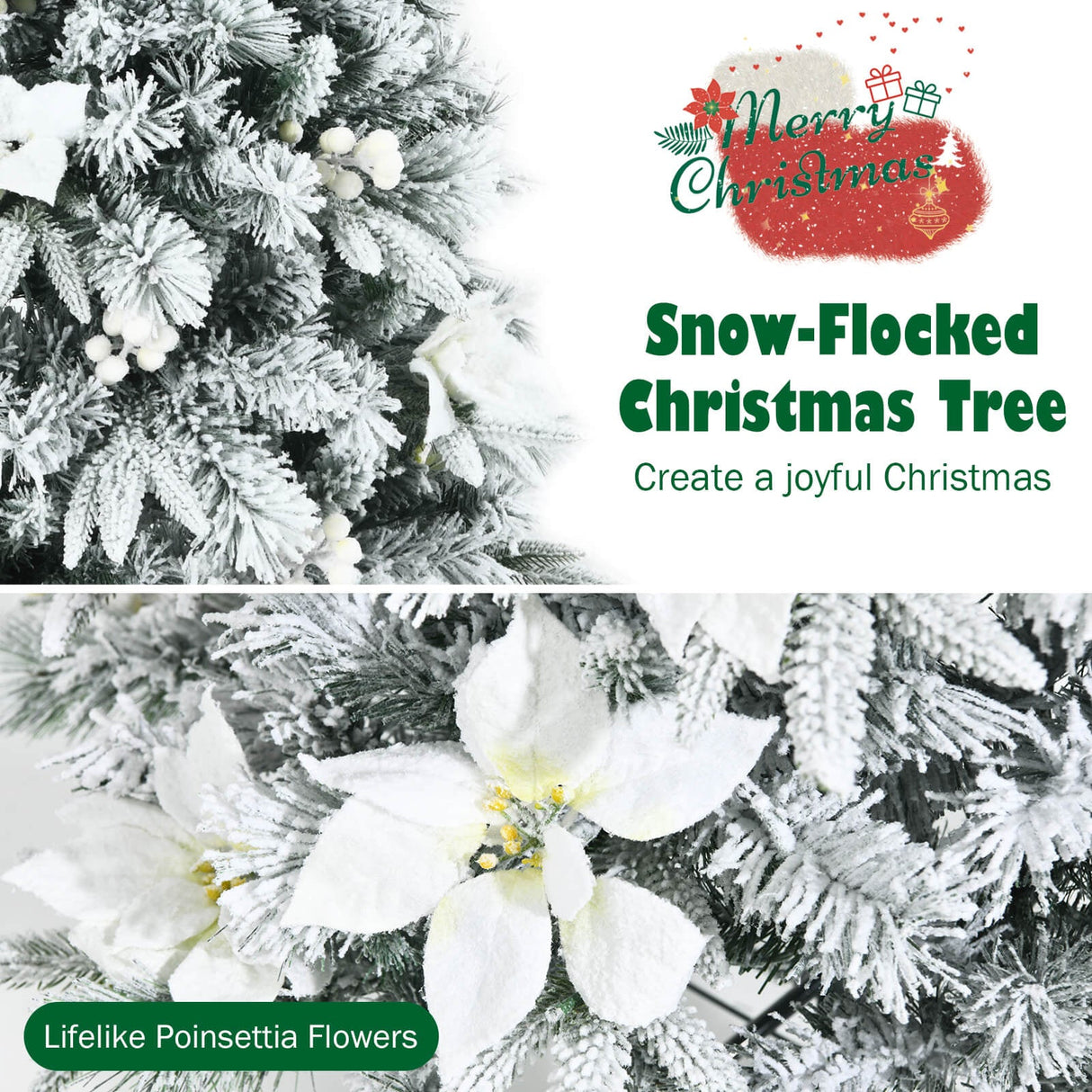 Snow Flocked Christmas Pencil Tree with Berries and Poinsettia Flowers