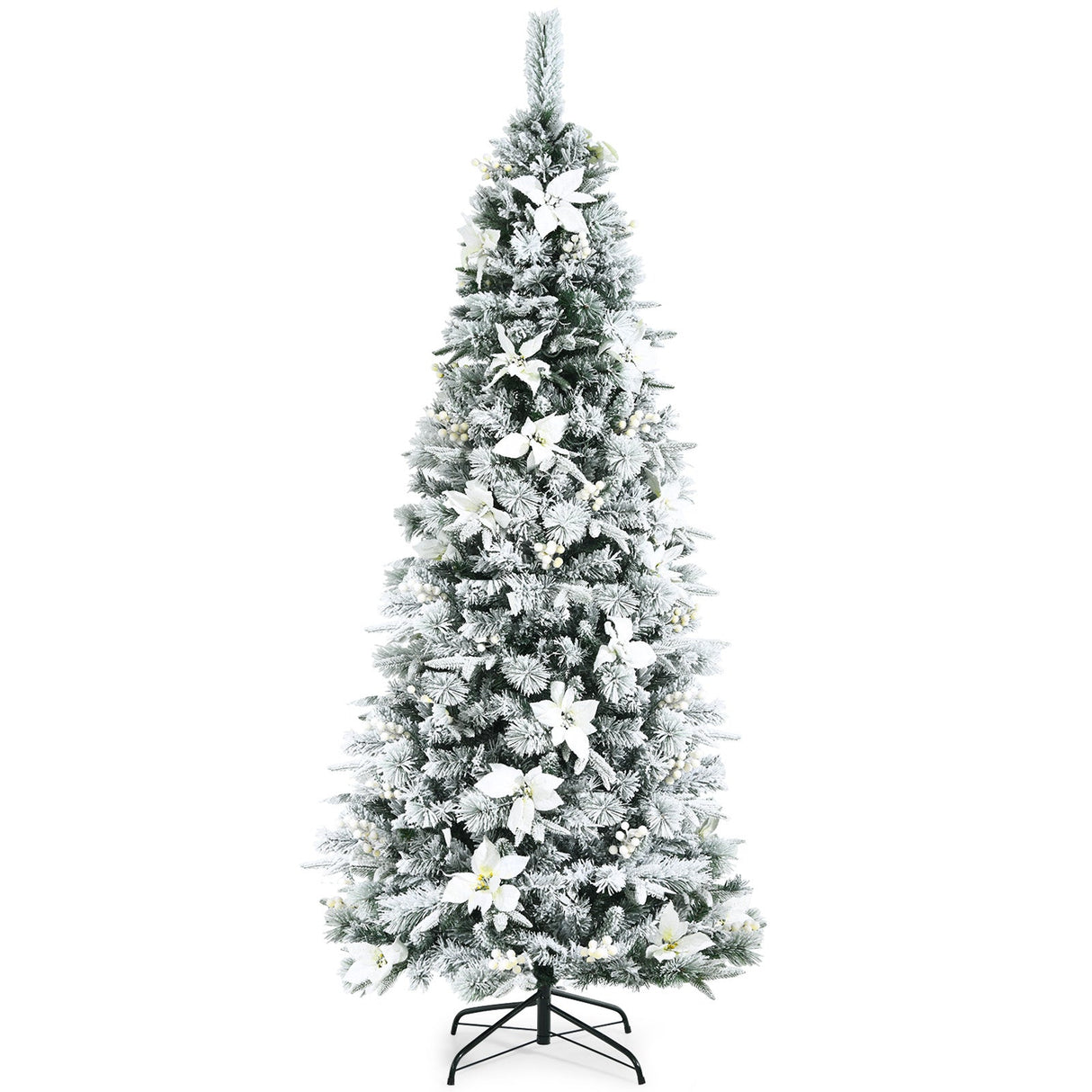 Snow Flocked Christmas Pencil Tree with Berries and Poinsettia Flowers