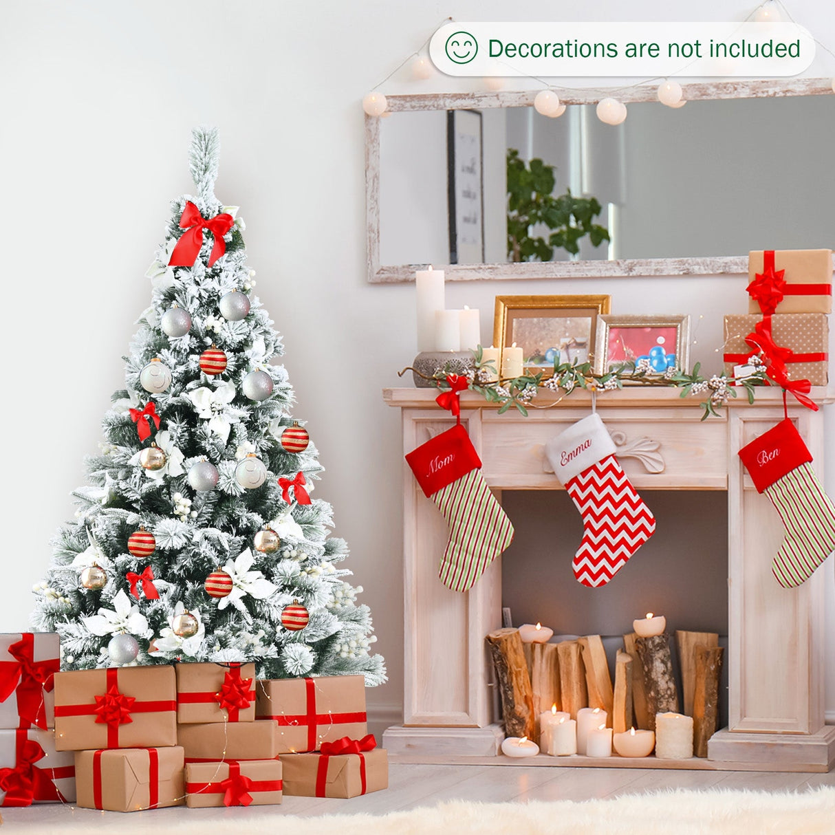 Árbol de Navidad Artificial Nevada de 5 Pies con Bisagras, Bayas y Flores de Pascua