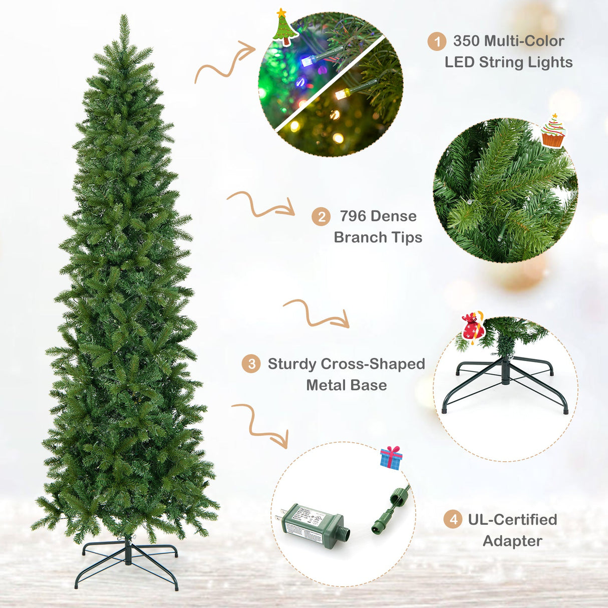 Árbol de Navidad artificial preiluminado de 7.5 pies con luces LED blancas cálidas y de varios colores