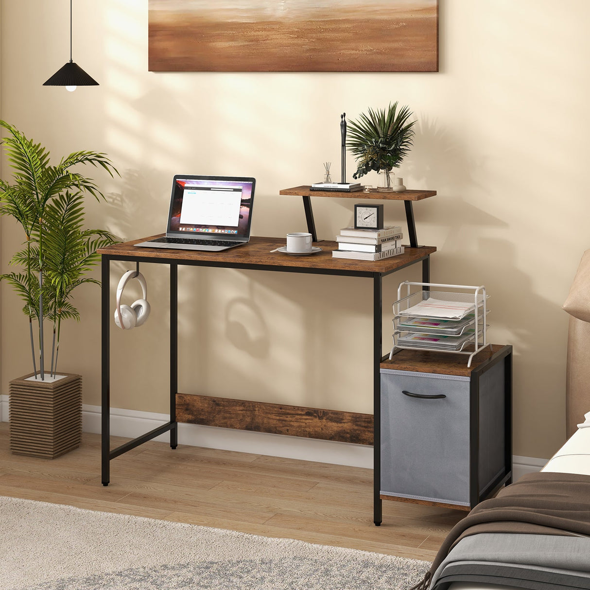 Escritorio de computadora con cajón de almacenamiento reversible y estante movible - Marrón