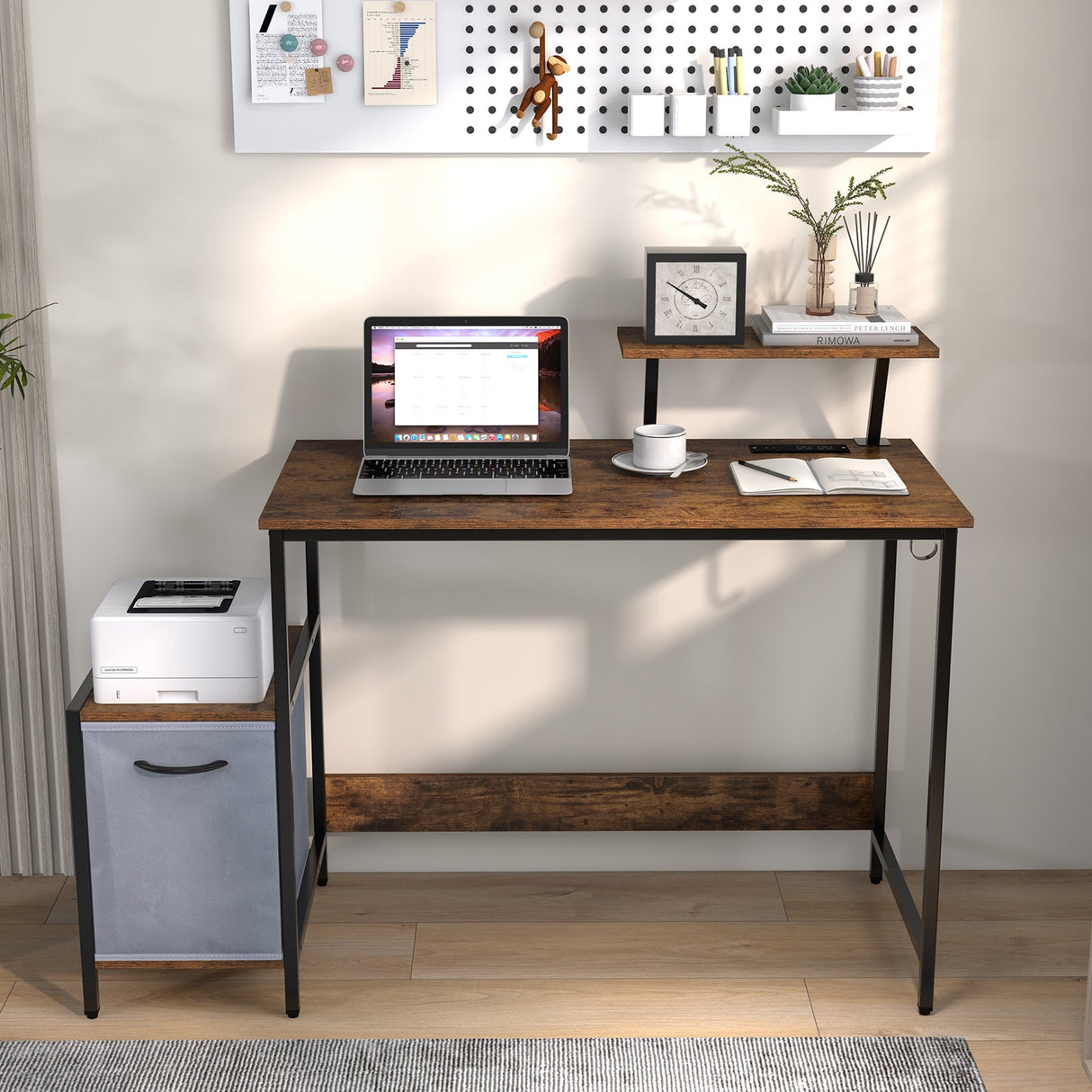 Escritorio de computadora con cajón de almacenamiento reversible y estante movible - Marrón