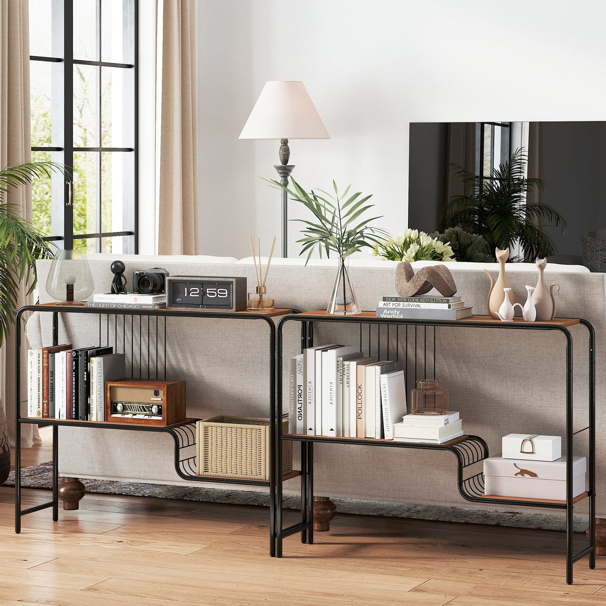 Mesa consola con estante de almacenamiento y estructura de metal para sala de estar