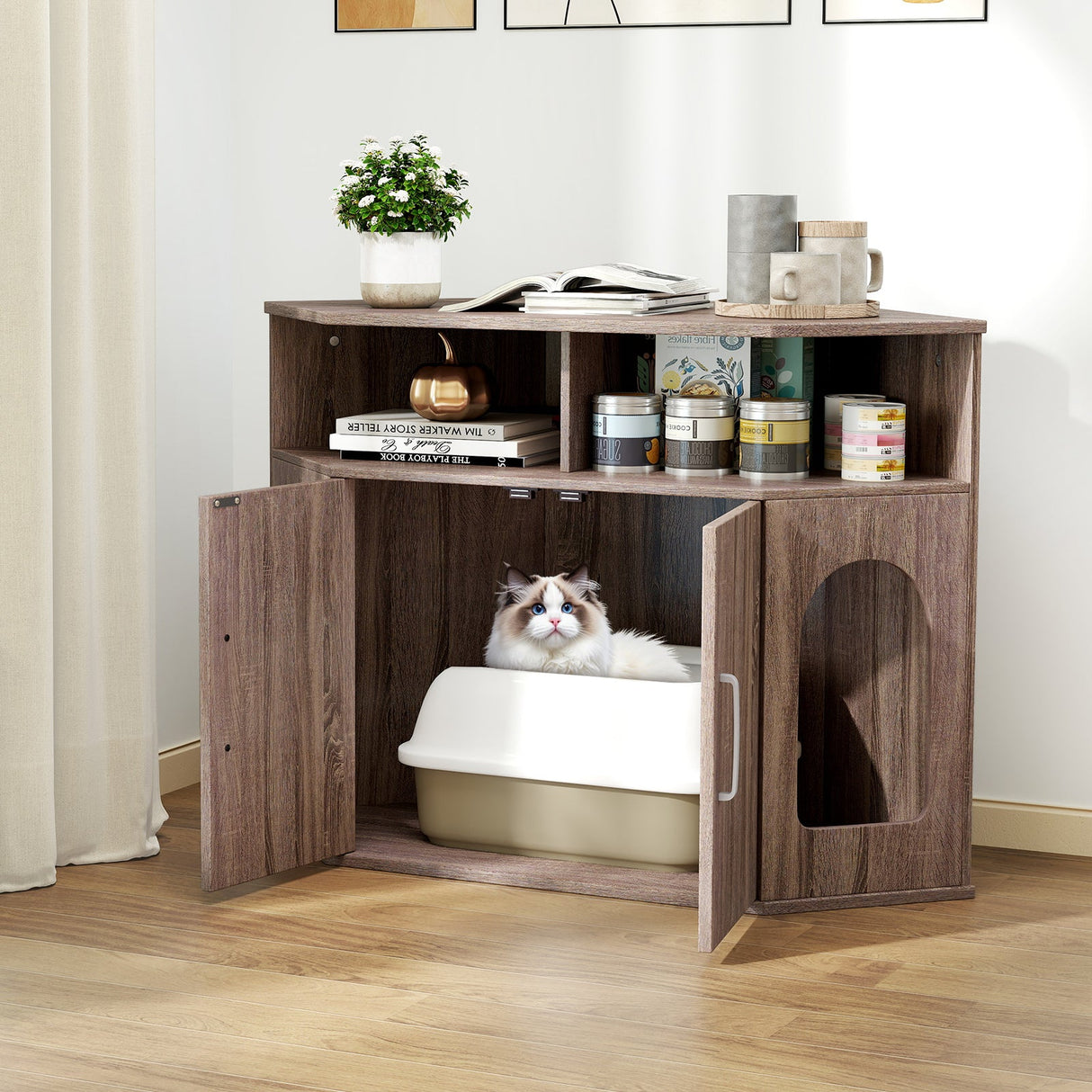 Arenero esquinero para gatos con estantes de almacenamiento y puertas dobles - Gris