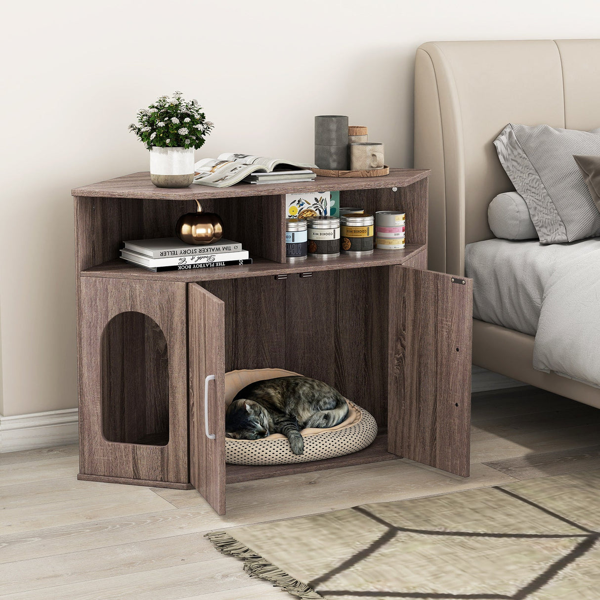Arenero esquinero para gatos con estantes de almacenamiento y puertas dobles - Gris