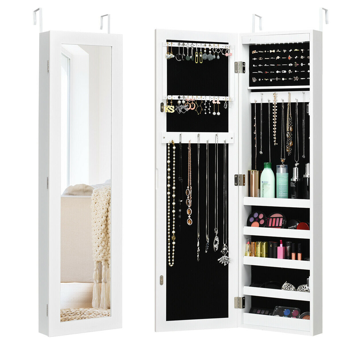 Gabinete de joyería espejado para pared y puerta con luz LED