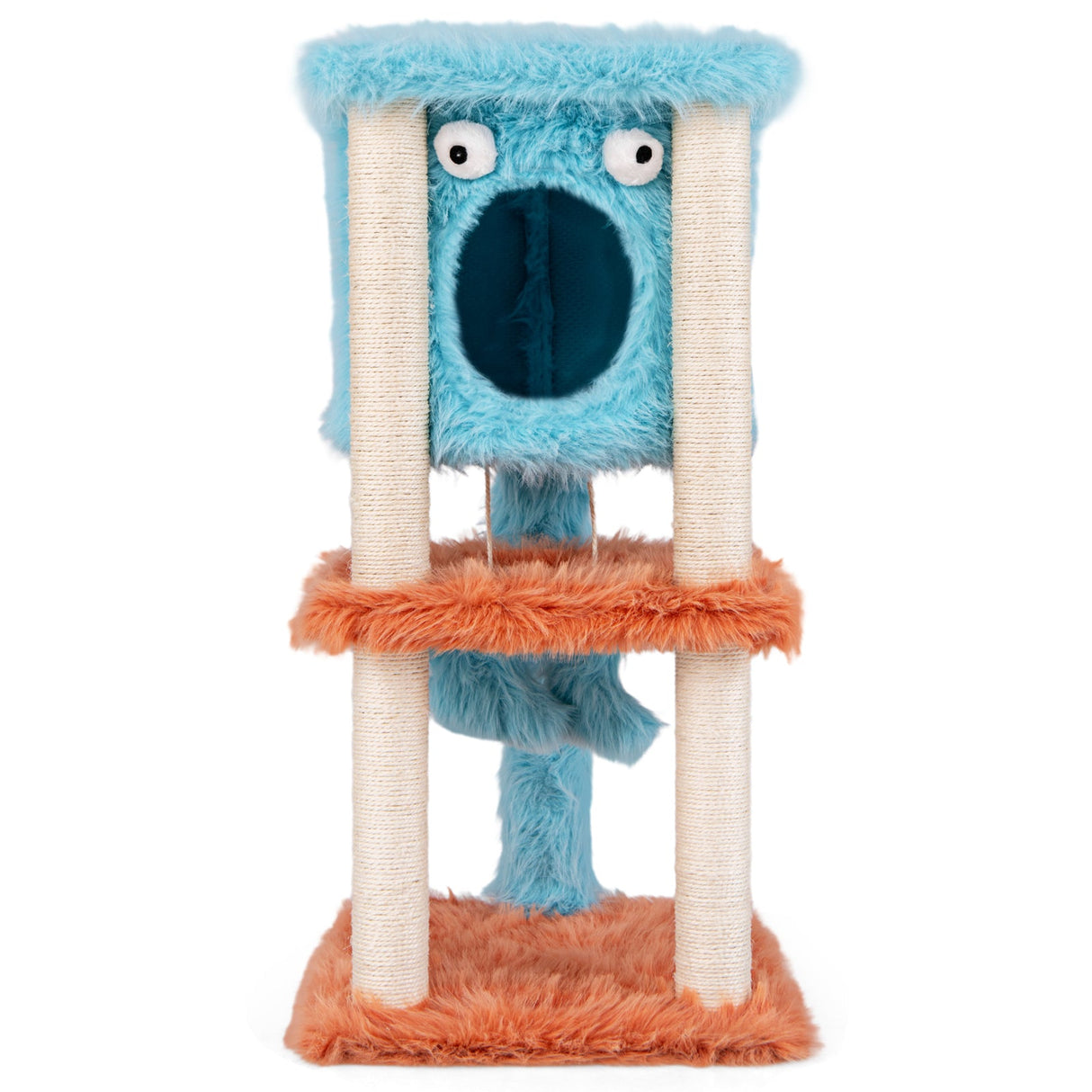 Bonita torre para gatos con temática de monstruos, condominio privado y felpa suave de pelo largo - Azul