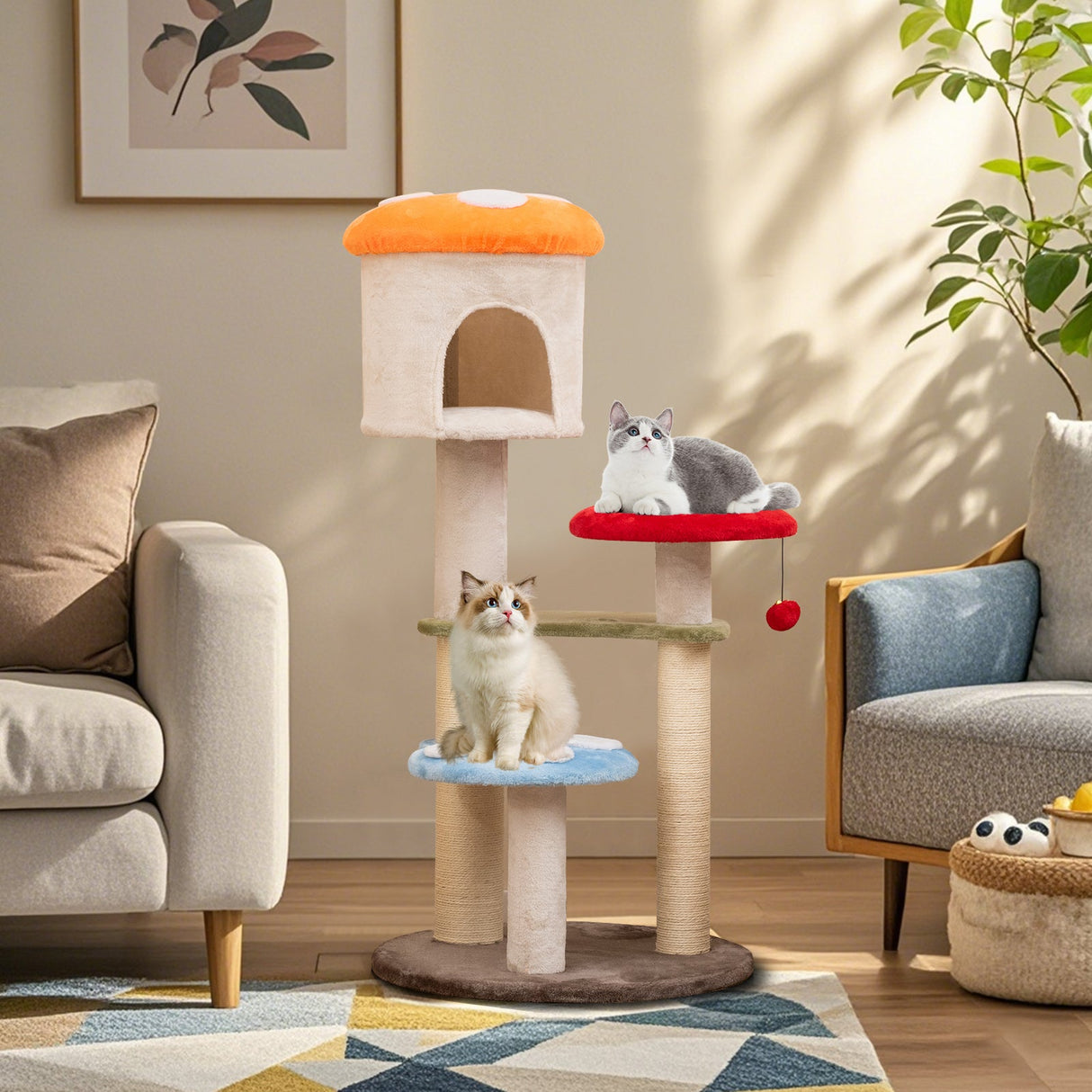 Bonito Árbol Rascador para Gatos con forma de Seta, Postes Rascadores de Sisal, Condo Superior y Plataformas Acolchadas-Multicolor