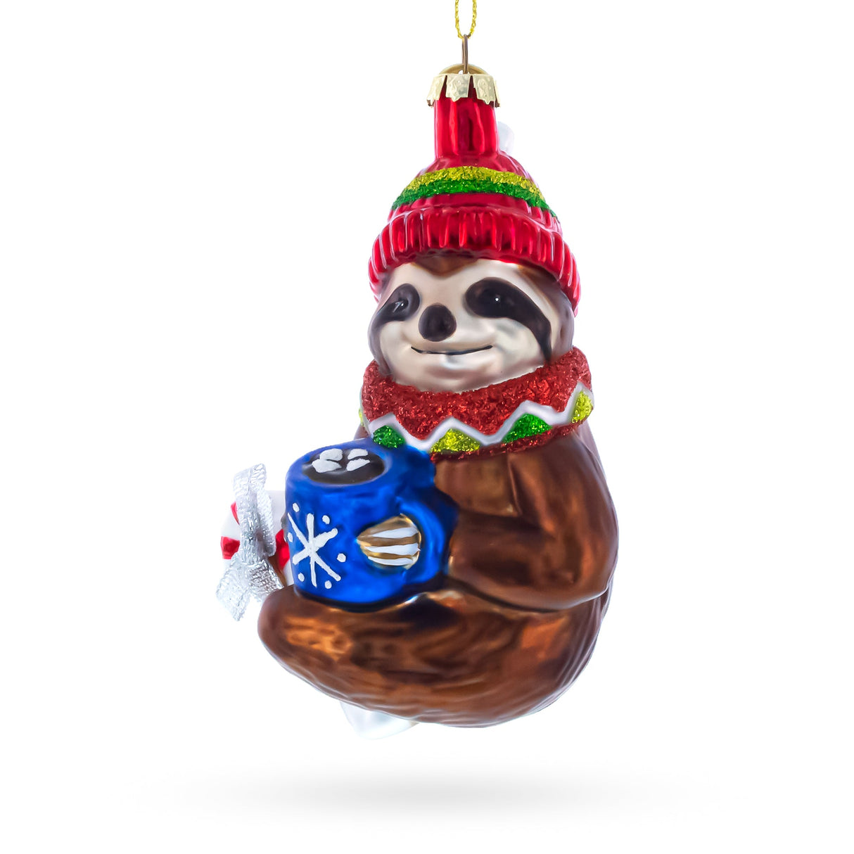 Cozy Sloth Drinking Hot Cocoa Glass Christmas Ornament