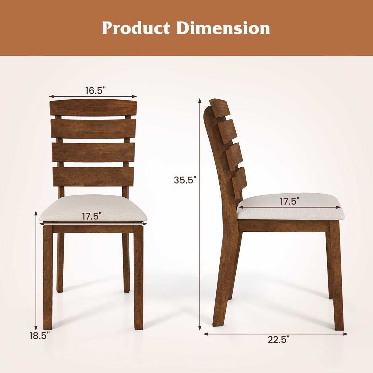 Juego de 2 sillas de comedor con respaldo alto de listones y patas de madera de caucho - Marrón