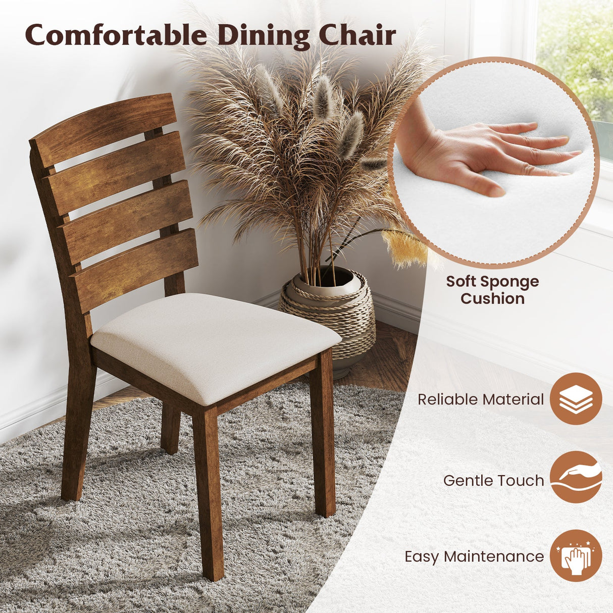 Juego de 2 sillas de comedor con respaldo alto de listones y patas de madera de caucho - Marrón