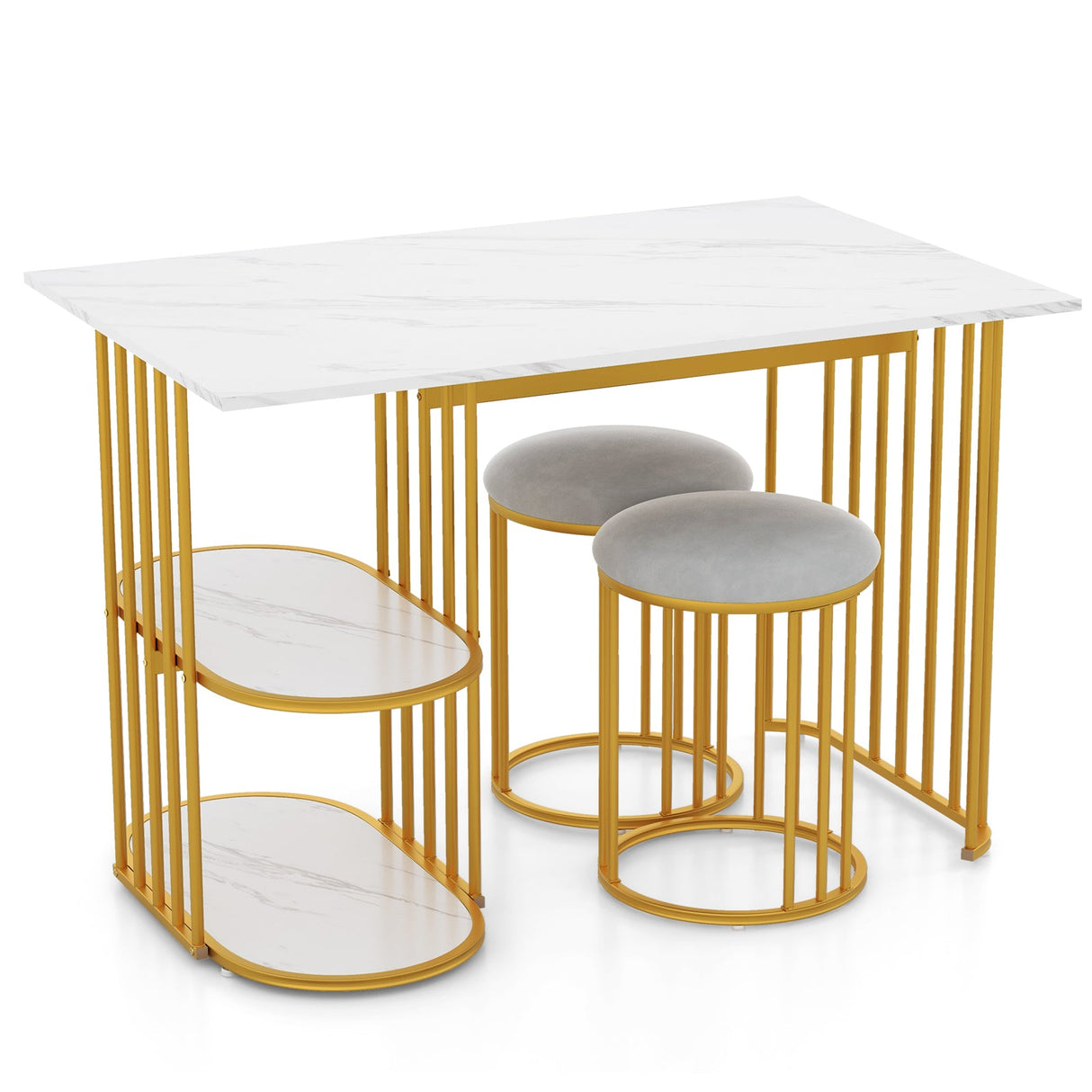 Mesa de comedor rectangular para 2 personas con estante de almacenamiento de 2 niveles para comedor de espacios pequeños - Blanca