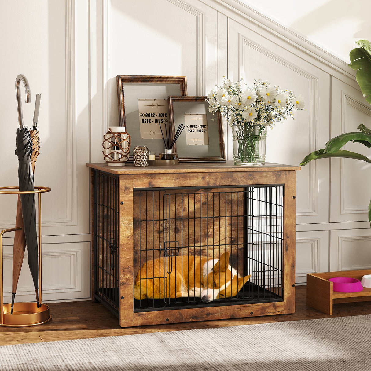 Mueble Jaula para Perros con Cojín y Doble Puerta para Perros Pequeños/Medianos