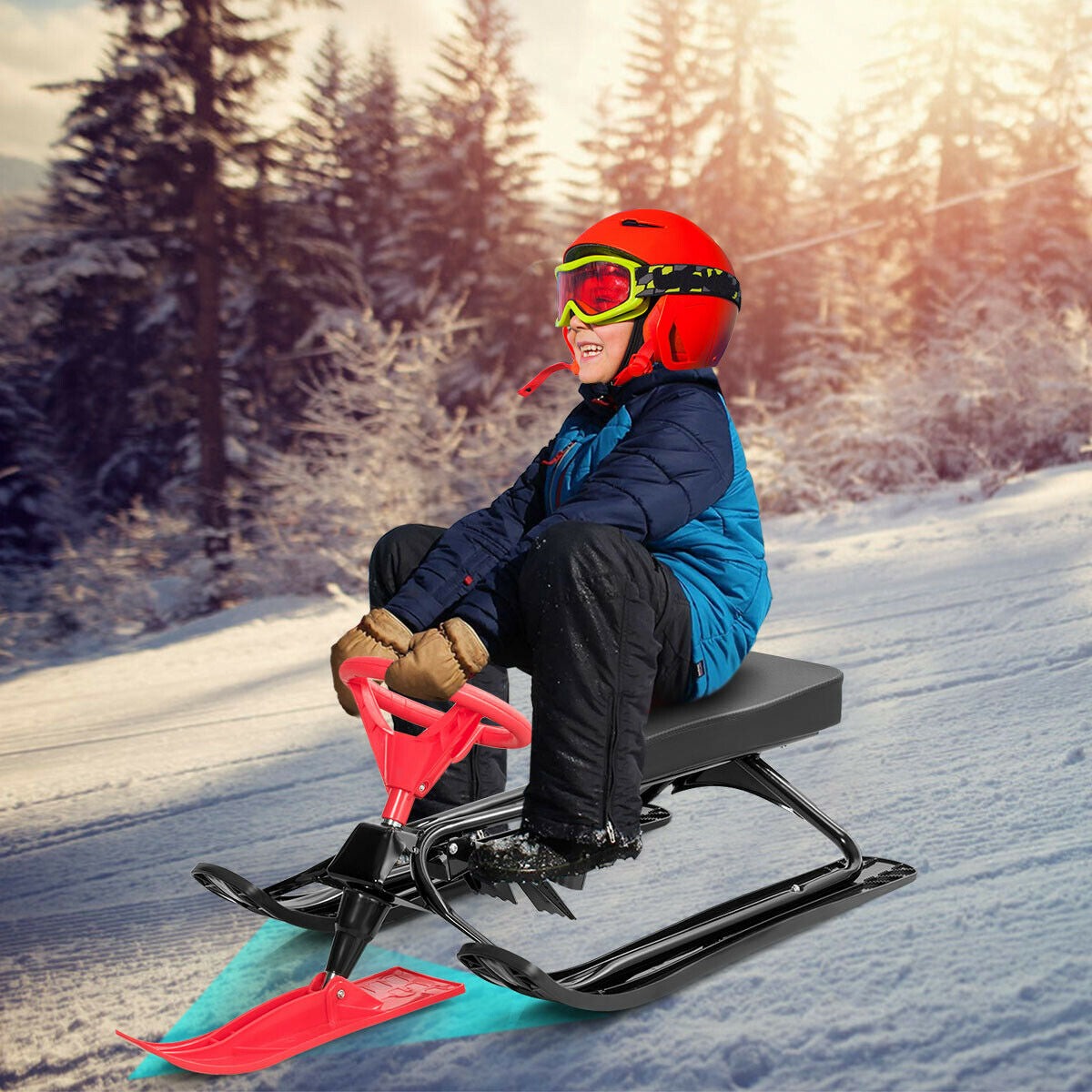 Trineo para nieve, arena, hierba para niños con volante y frenos