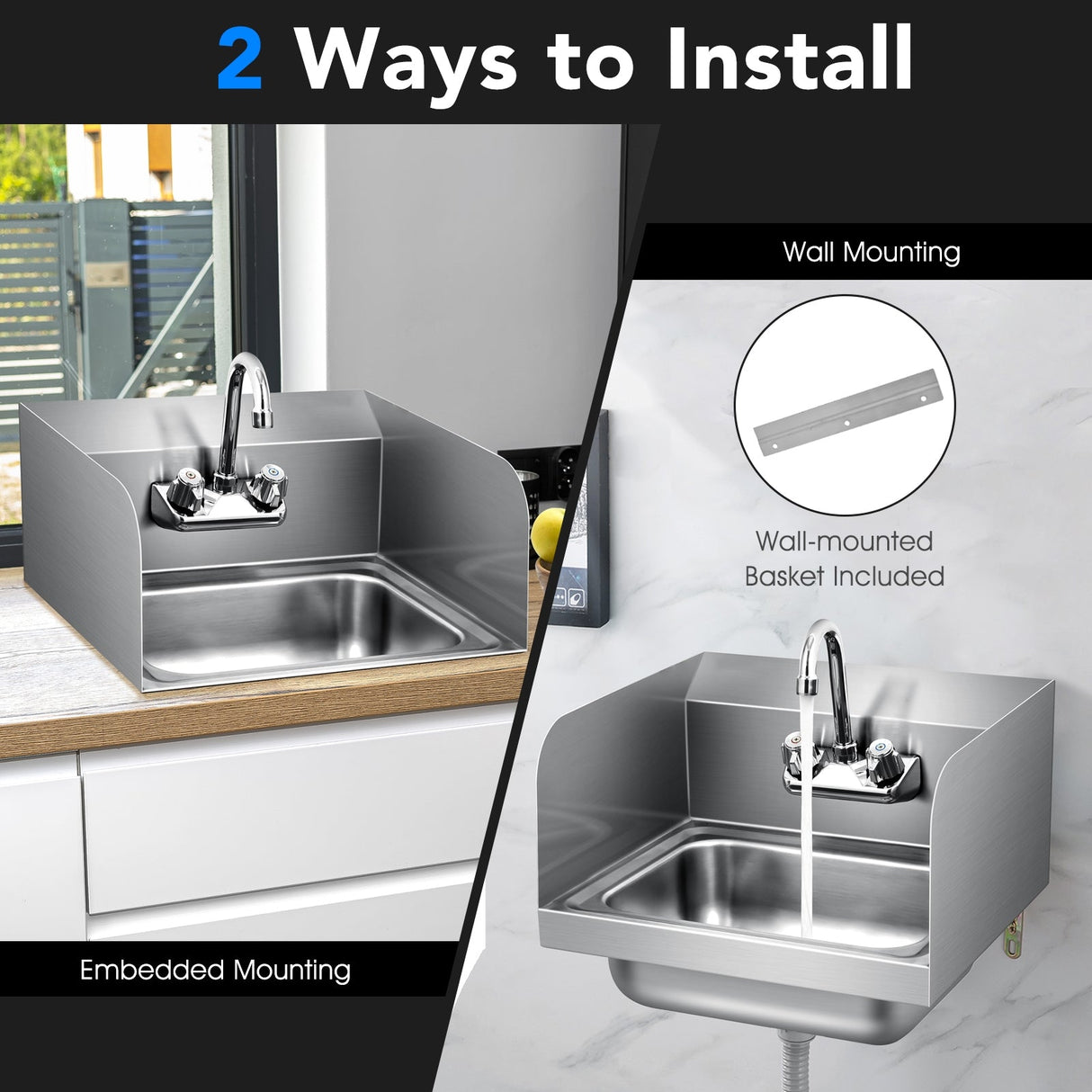 Fregadero de Pared de Acero Inoxidable para Lavado de Manos con Grifo y Protección Lateral
