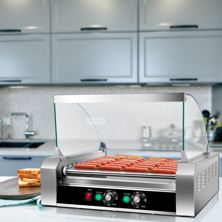 Asador de perritos calientes de acero inoxidable de 11 rodillos, capacidad para 30 perritos calientes